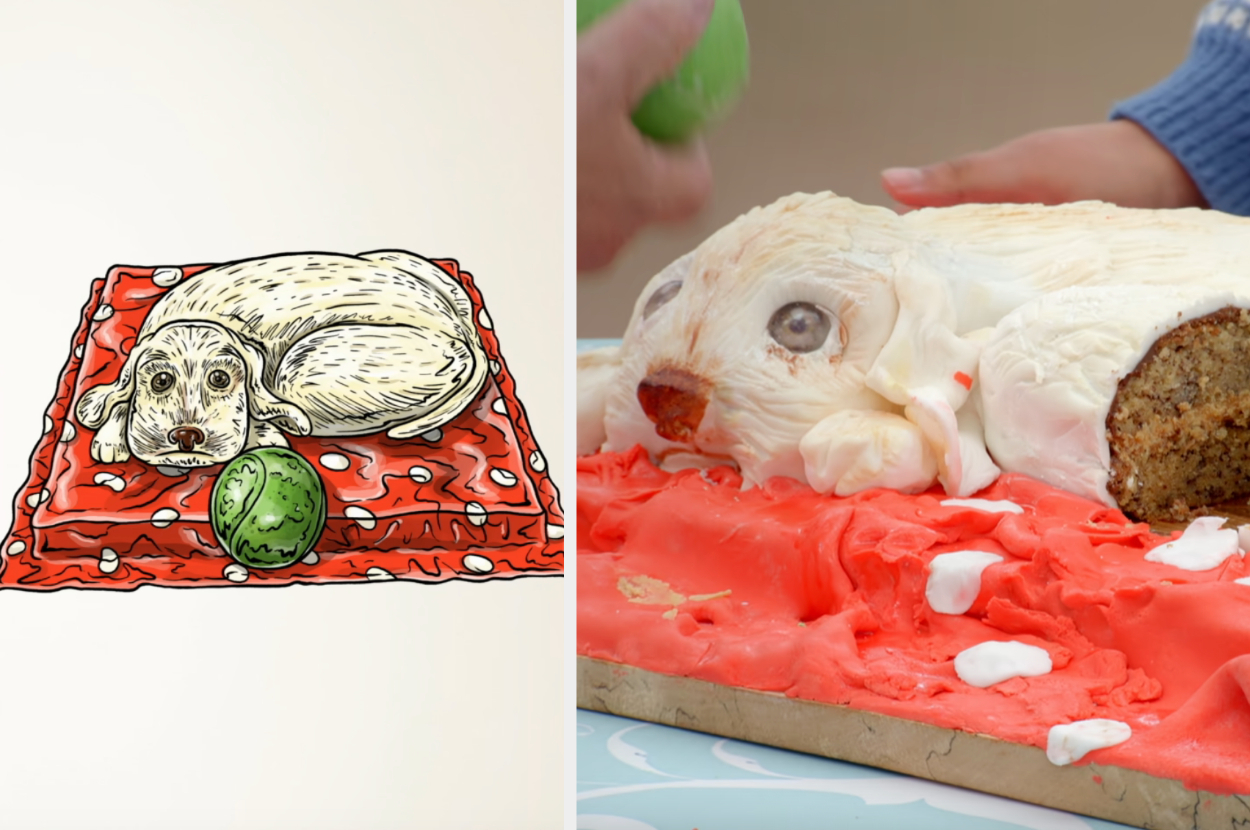 Dana&#x27;s dog cake side by side with the drawing