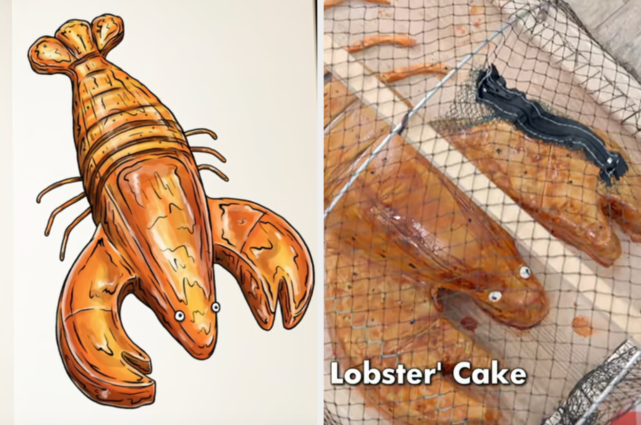 Drawing of a lobster cake side by side with the actual cake inside a lobster trap