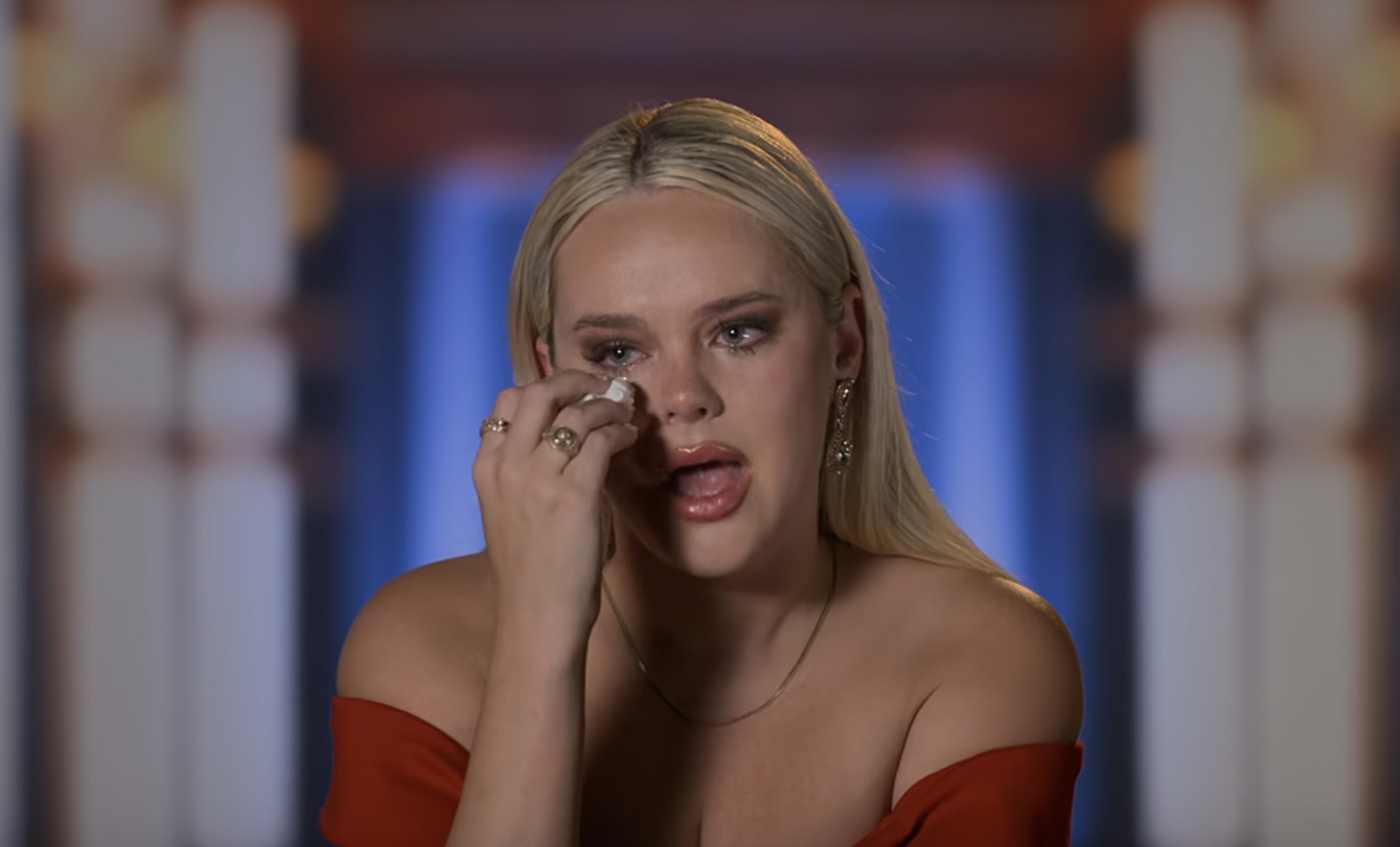 Closeup of Taylor Rue crying on "Love Is Blind"