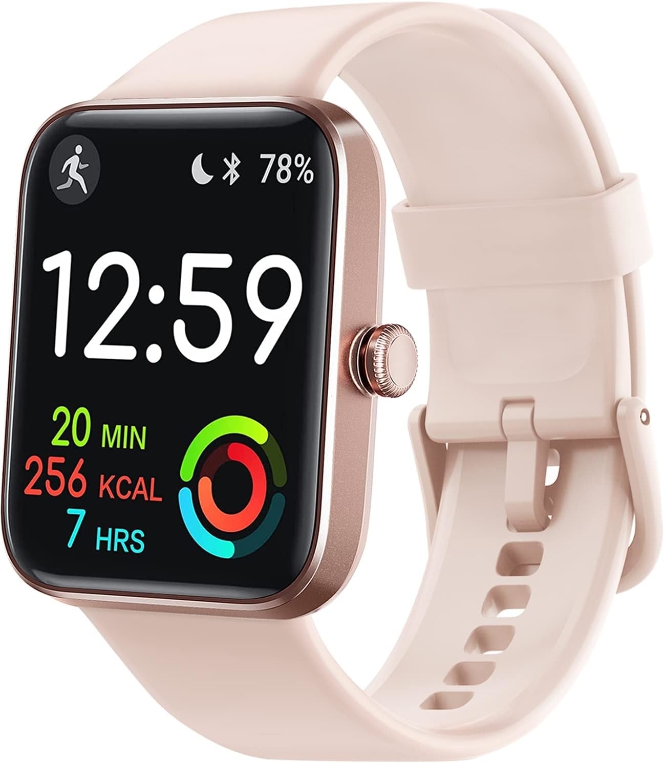 a rose gold smart watch with a light pink rubber band