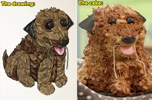Side by side of Dan's bruno doc cake side by side with the drawing