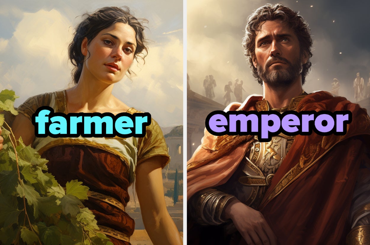 On the left, someone holding plants labeled farmer, and on the right, someone wearing an elaborate robe labeled emperor