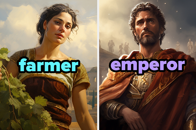 On the left, someone holding plants labeled farmer, and on the right, someone wearing an elaborate robe labeled emperor