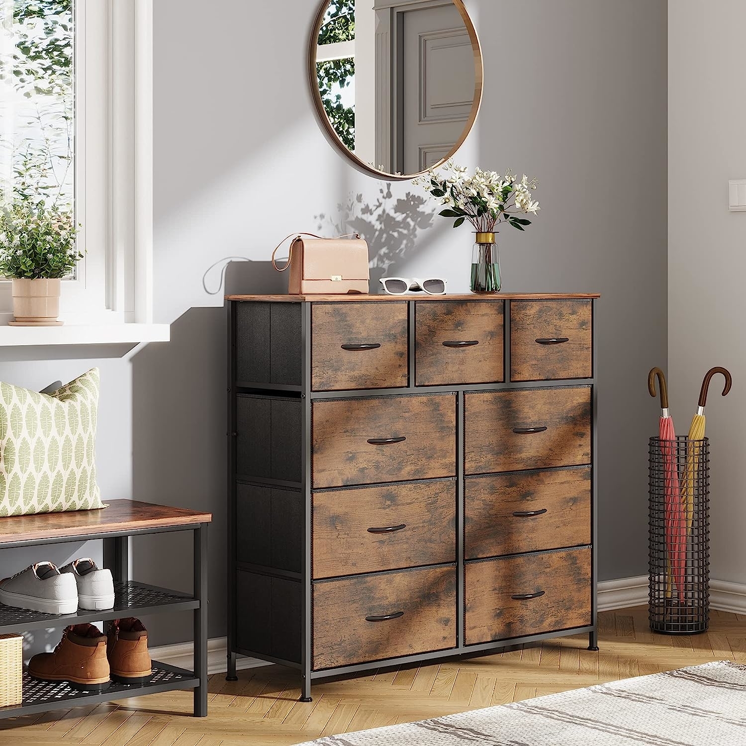 The dresser in a rustic brown color
