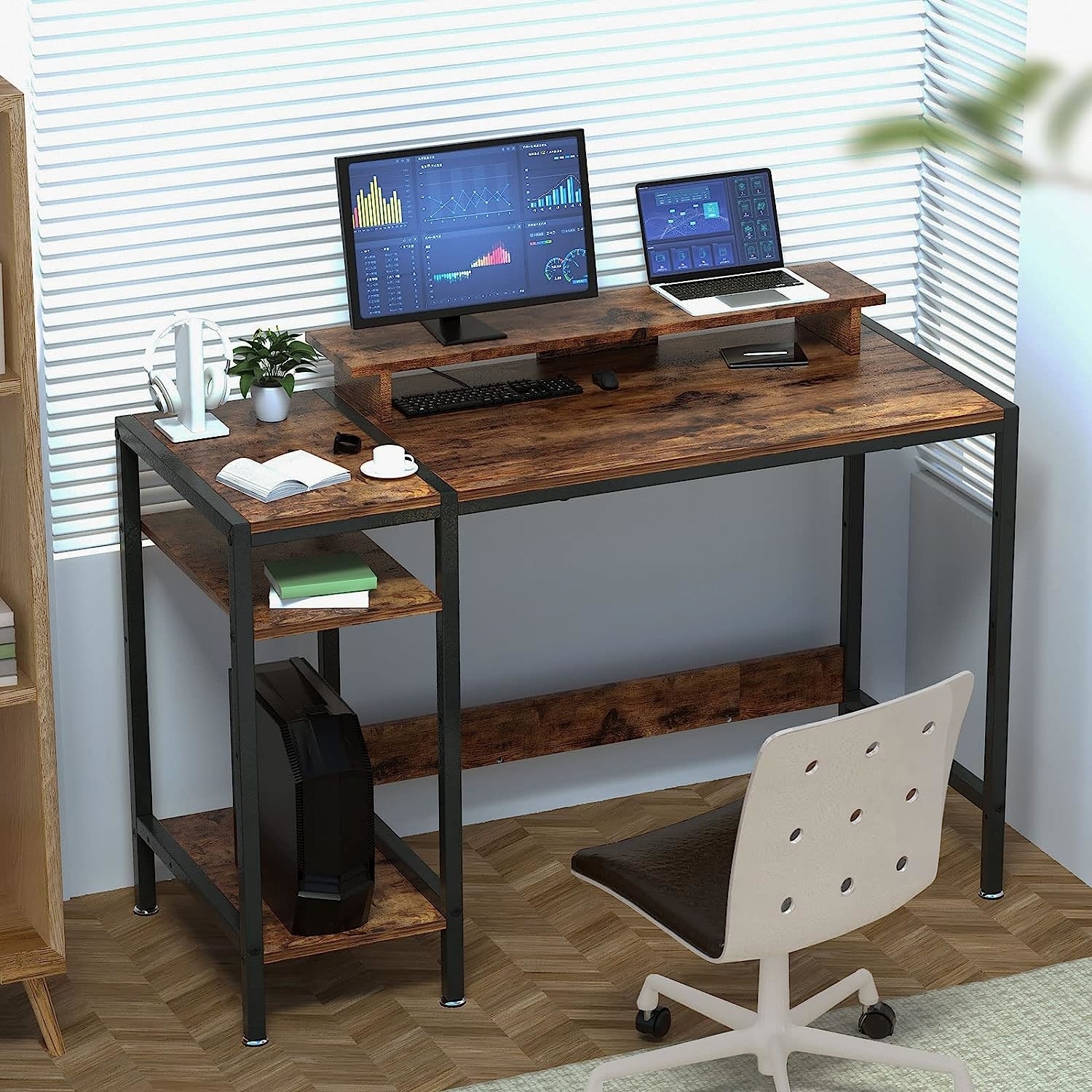 The desk in a rustic brown color