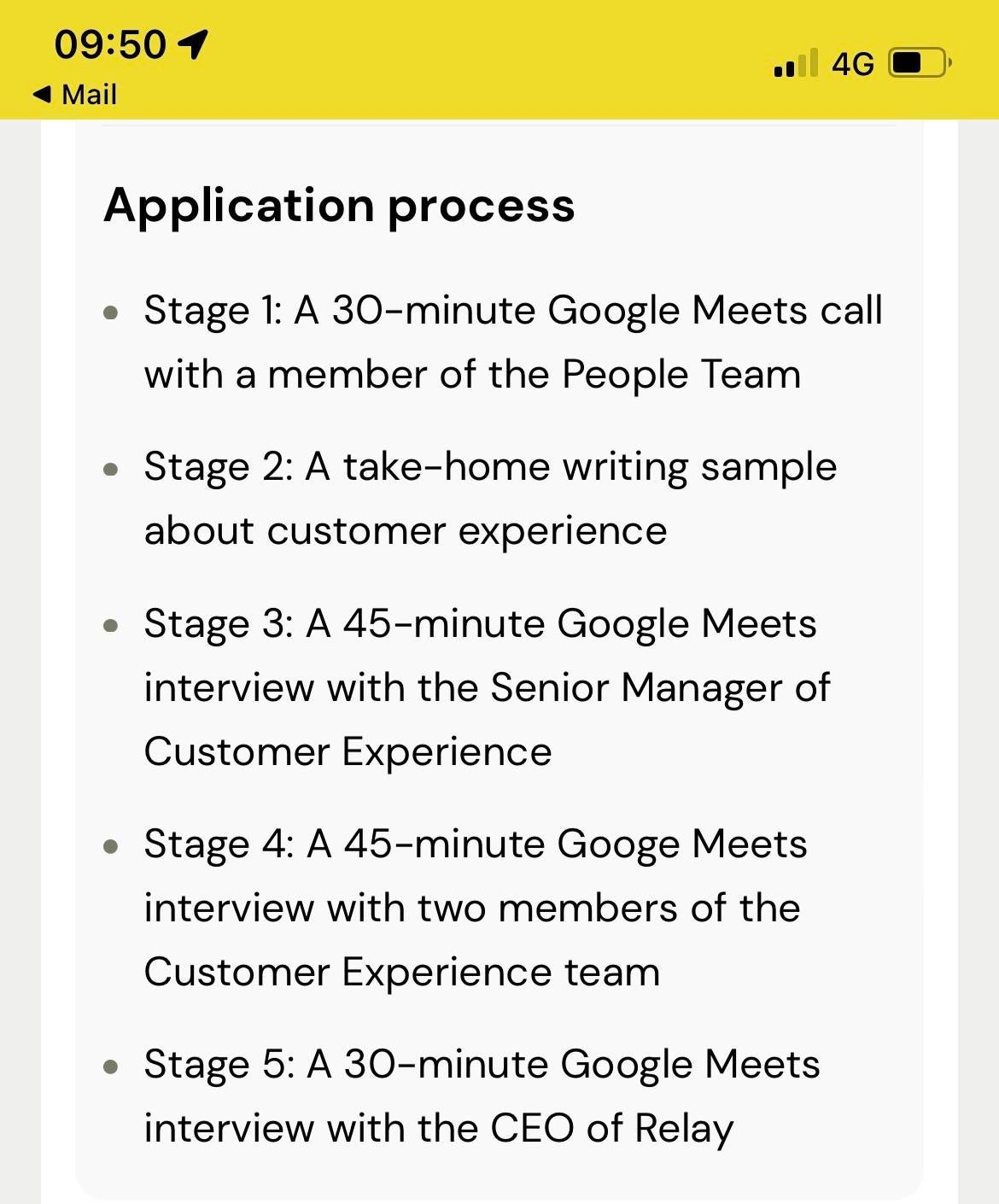 several interviews totaling two hours and fifteen minutes and take home assignment