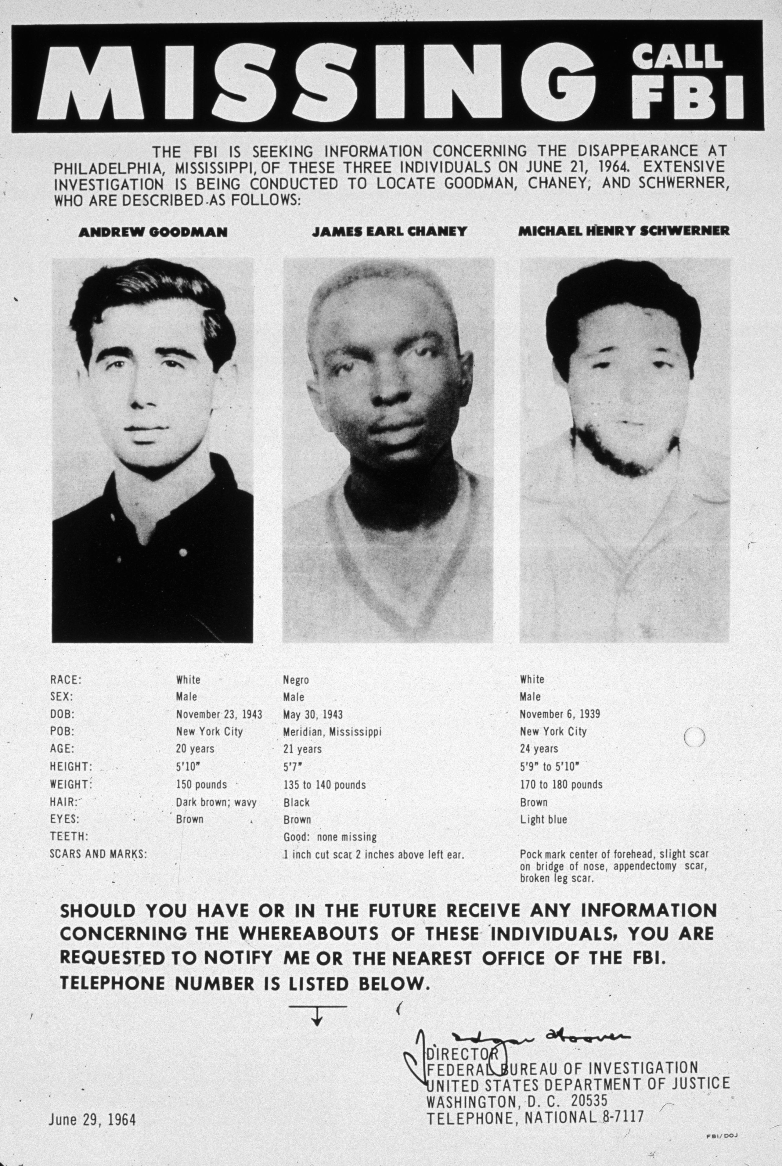 the FBI missing persons poster for the 3 civil rights activist