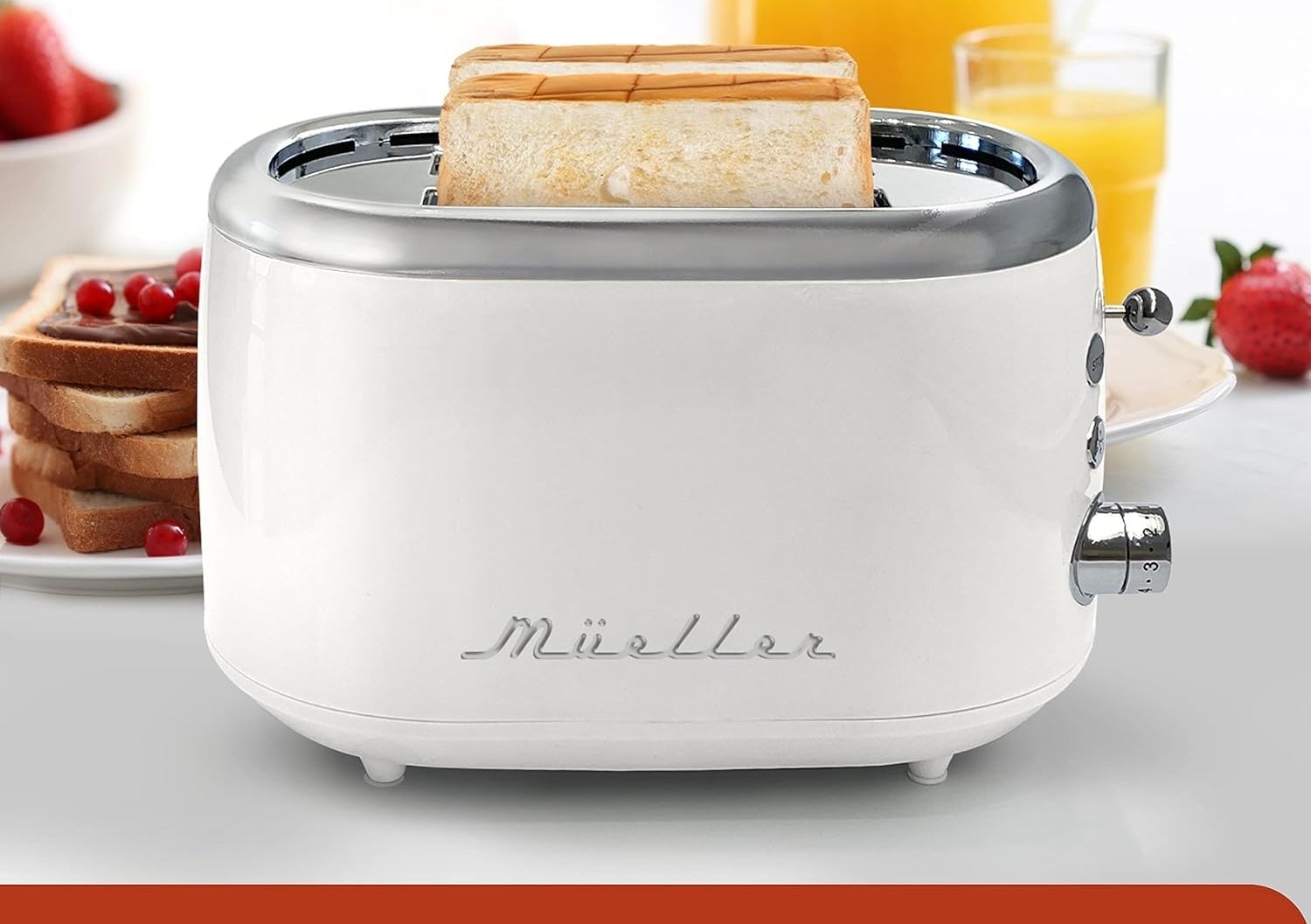 Retro-style toaster in white with bread inside