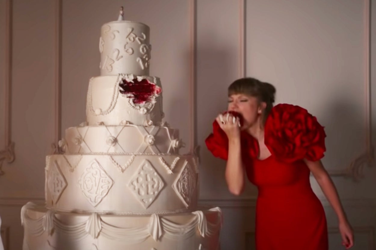 Taylor Swift eating red velvet cake in the I Bet You Think About Me music video