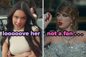 On the left, Olivia Rodrigo in the Get Him Back music video labeled looooove her, and on the right, Taylor Swift in the Look What You Made Me Do music video labeled not a fan
