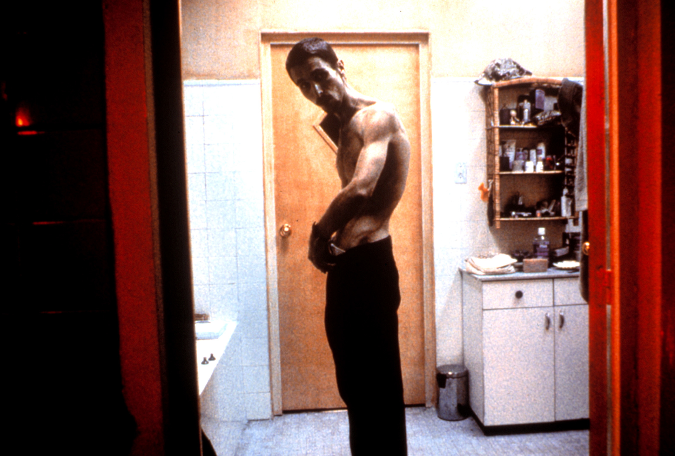 profile view of him and his very thin body in the movie