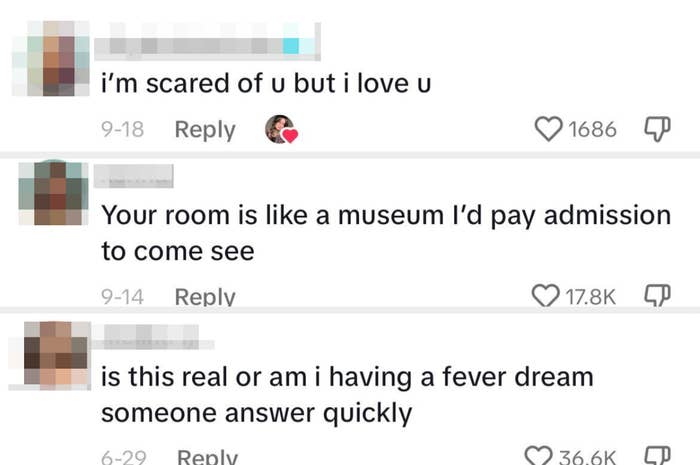 Comments from Myra&#x27;s TikTok include: &quot;I&#x27;m scared of you but I love you,&quot; &quot;Your room is like a museum I&#x27;d pay admission to come see,&quot; and &quot;Is this real or am I having a fever dream? Someone answer quickly&quot;