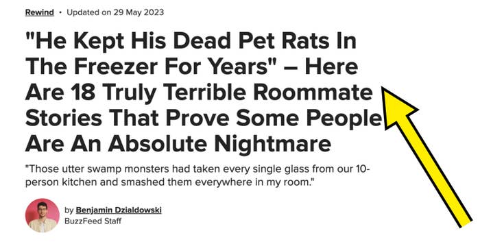 Screenshot of BuzzFeed headline: &quot;He Kept His Dead Pet Rats in the Freezer for Years&quot; — Here are 18 Truly Terrible Roommate Stories That Prove Some People Are an Absolute Nightmare&quot;