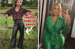 model in black wide-leg faux leather pants / reviewer in two-piece green set