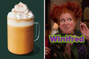On the left, a pumpkin spice latte, and on the right, Bette Midler raising her eyebrows as Winifred in Hocus Pocus