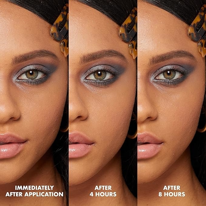 Three images of a model wearing makeup taken at different times: immediately after application, after four hours, and after eight hours