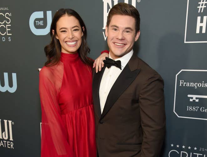 Closeup of Chloe Bridges and Adam DeVine