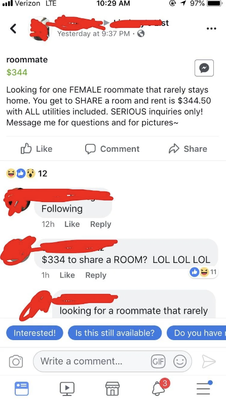 They&#x27;re looking for a female roommate to share a room for $334/month, but they have to &quot;rarely stay home&quot;