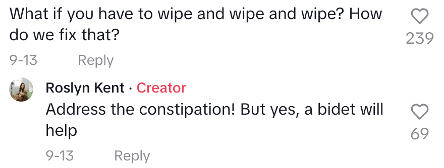Comment: &quot;What if you have to wipe and wipe and wipe? How do we fix that?&quot; Roslyn: &quot;Address the constipation! But yes, a bidet will help&quot;
