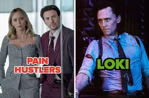 emily blunt and chris evans in pain hustlers and tom hiddleston in loki