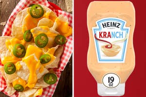 On the left, some tortilla chips covered in cheese and jalapenos, and on the right, some Kranch