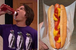 On the left, Spencer from iCarly squirting ketchup in his mouth, and on the right, a hot dog with ketchup and mustard