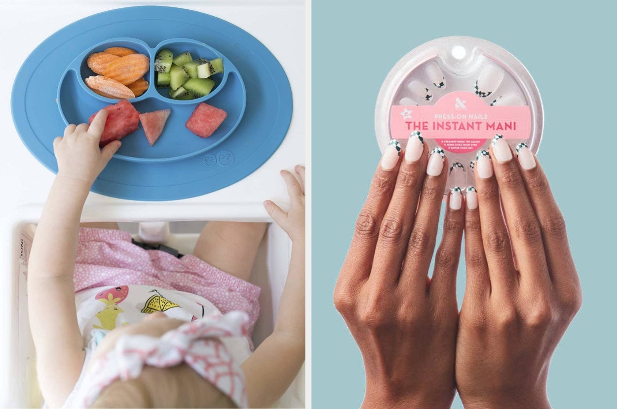 blue suction cup kid's plate; model wearing Olive and June press-on nails
