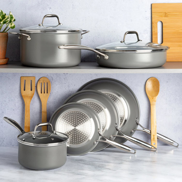 set of matching grey pots and pans