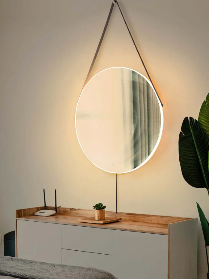 hanging circular wall mirror with LED light