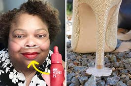 reviewer wearing red lip tint and caps that prevent high heels from sinking in gravel