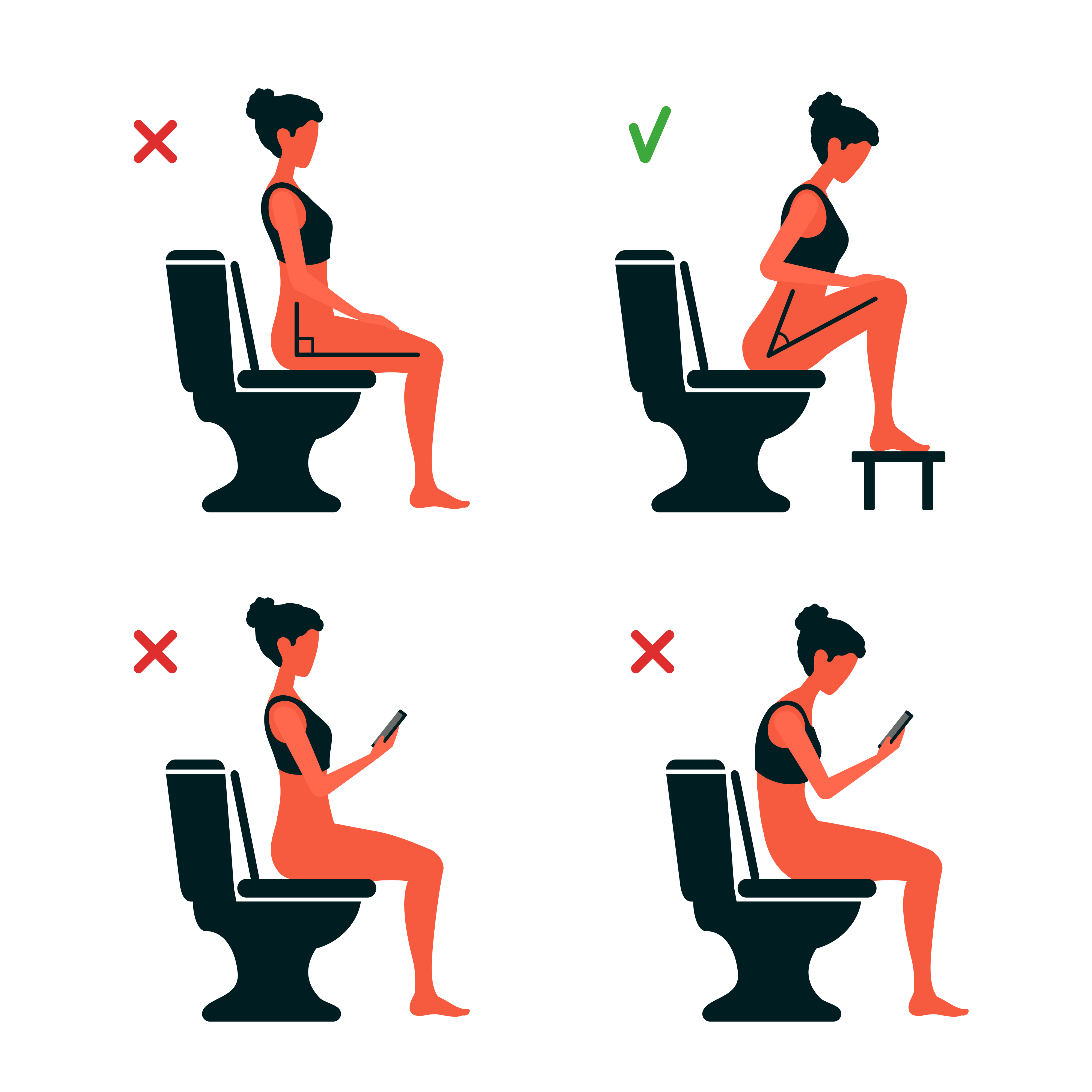 Illustrations of someone using a stool to squat on the toilet