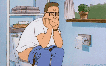 Animated character sitting on the toilet looking morose