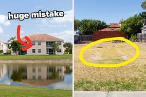 home next to golf course with "huge mistake" written over it, and a yellow circle around an empty lot