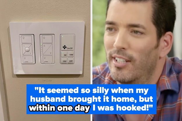 fan timer switch on wall with drew scott from property brothers looking at it.