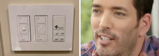 fan timer switch on wall with drew scott from property brothers looking at it.
