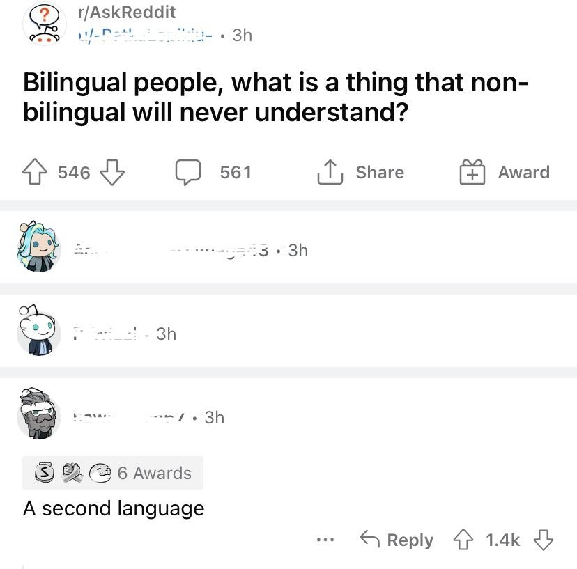 &quot;Bilingual people, what is ia thing that non-bilingual will never understand?&quot; Response: &quot;A second language&quot;
