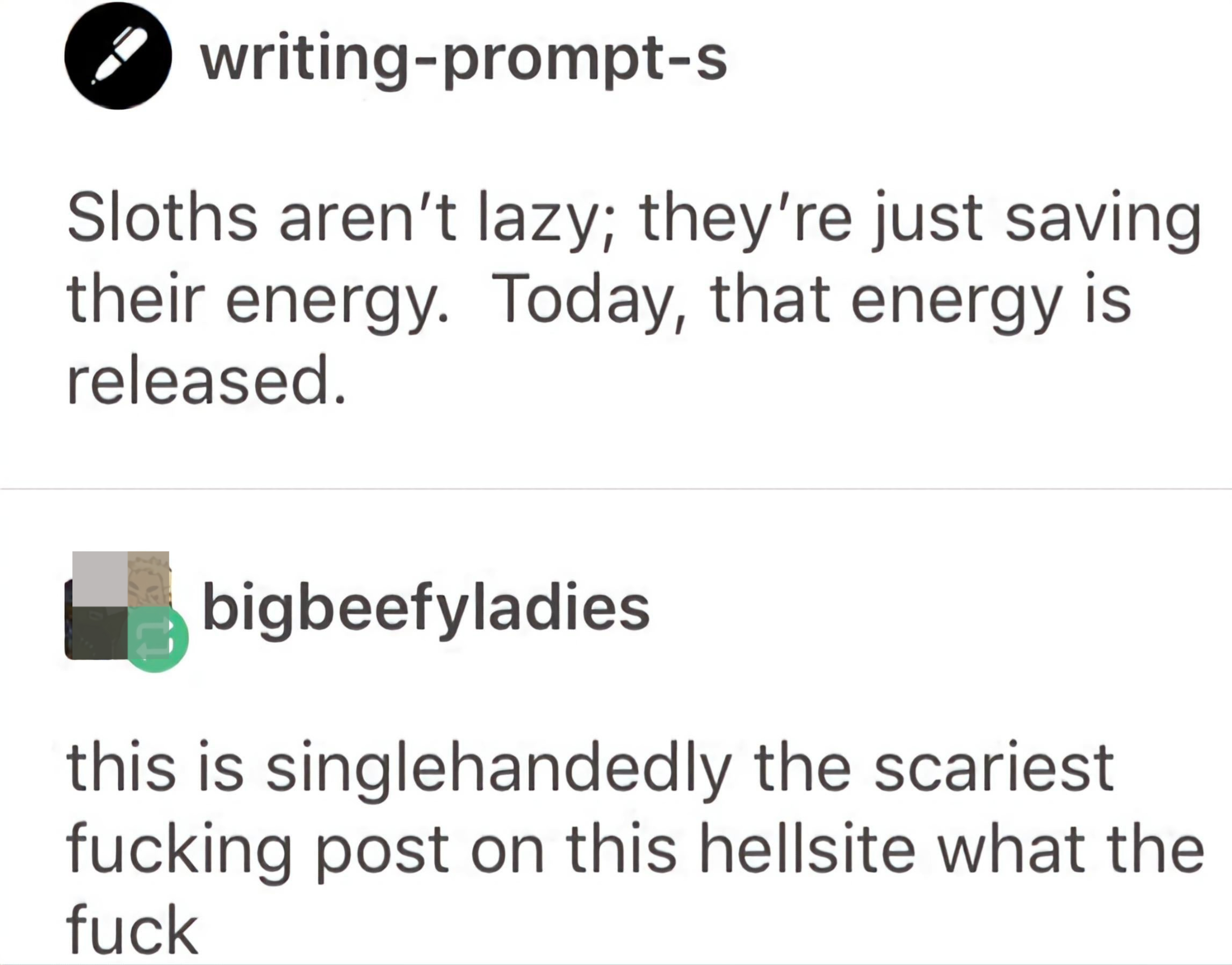 &quot;Sloths aren&#x27;t lazy; they&#x27;re just saving their energy; today that energy is released&quot;; response: &quot;this is singlehandedly the scariest fucking post on this hellsite what the fuck&quot;