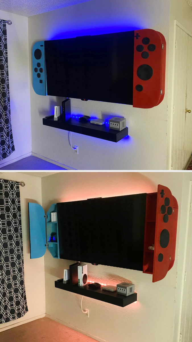 This Nintendo-inspired game room has a TV styled as a Nintendo Switch