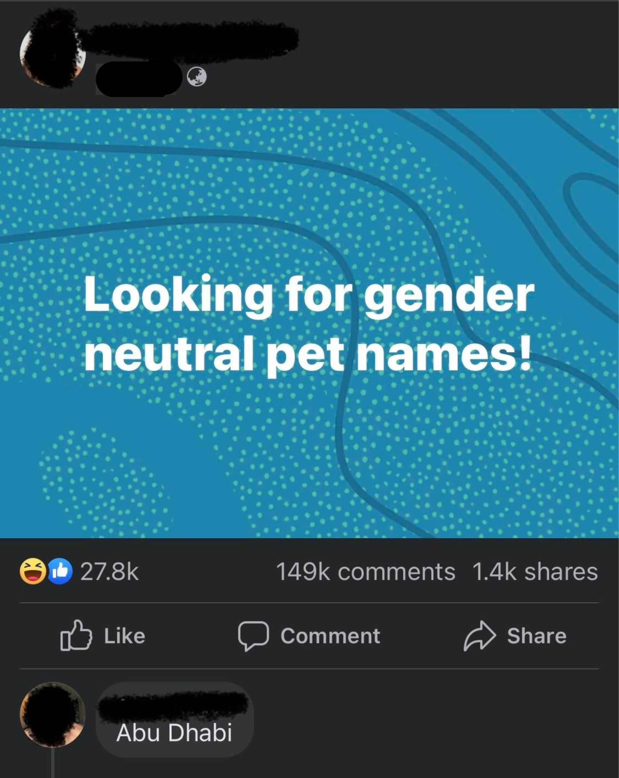&quot;Looking for gender-neutral pet names&quot;; response: Abu Dhabi