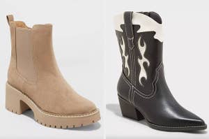 on left: beige block heel Chelsea boot. on right: black and white cowboy boot with pointy toe design