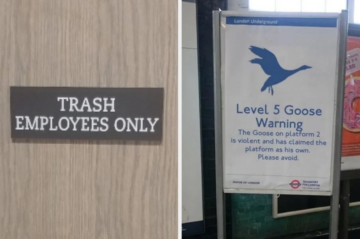 sign reading "trash employees only" next to a sign reading "level 5 goose warning"