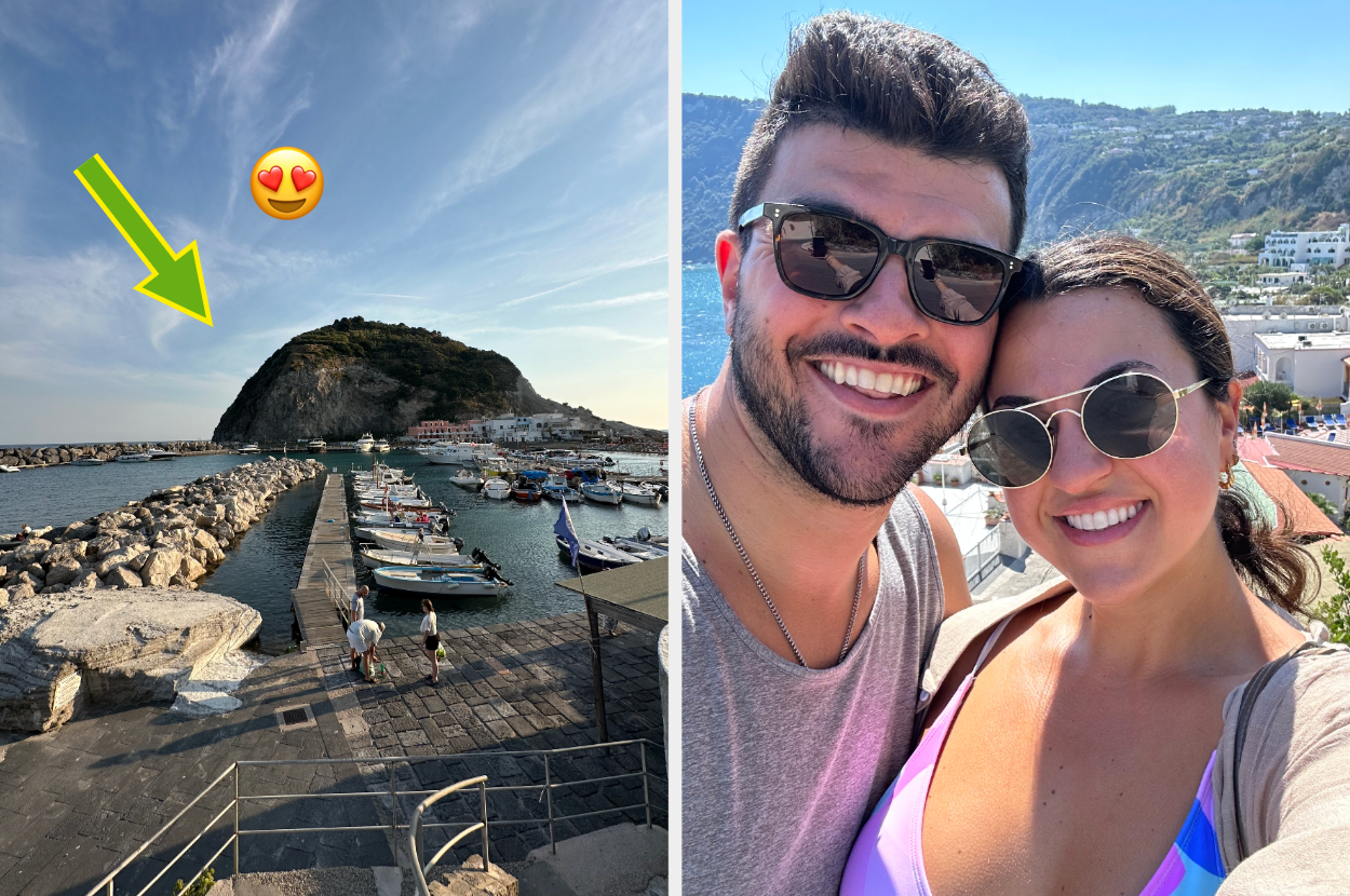 a side by side picture of ischia and the author and her boyfriend