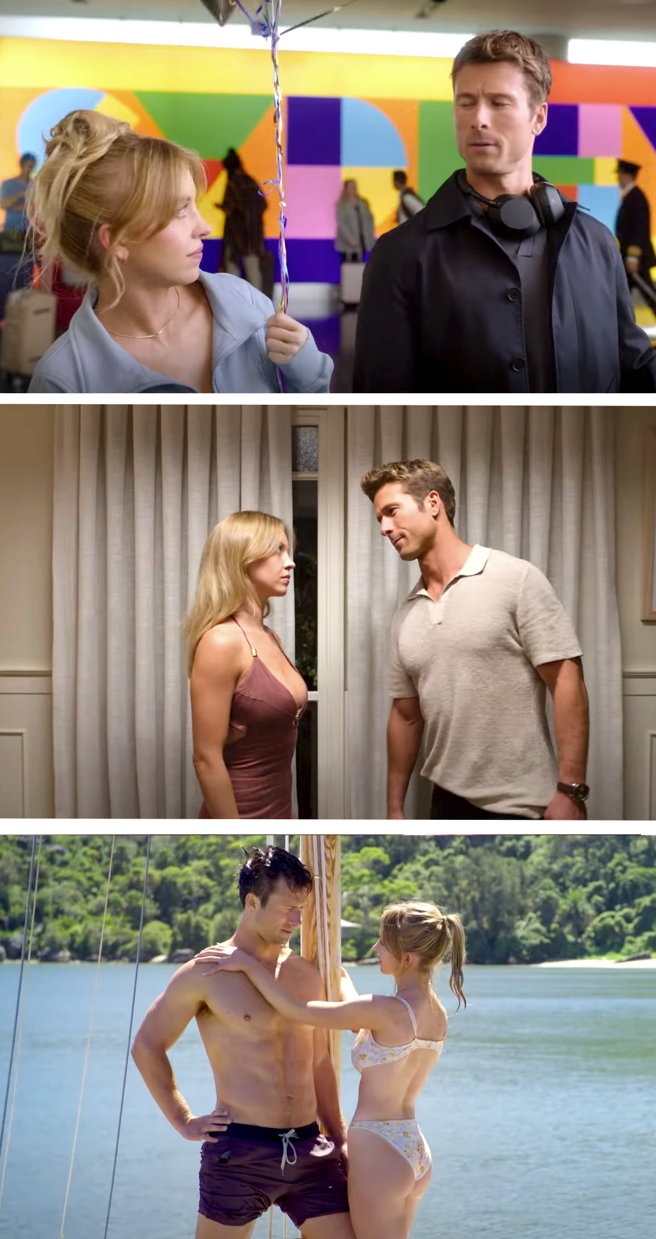 Sydney and Glen in scenes from the movie, including when they&#x27;re both wearing bathing suits