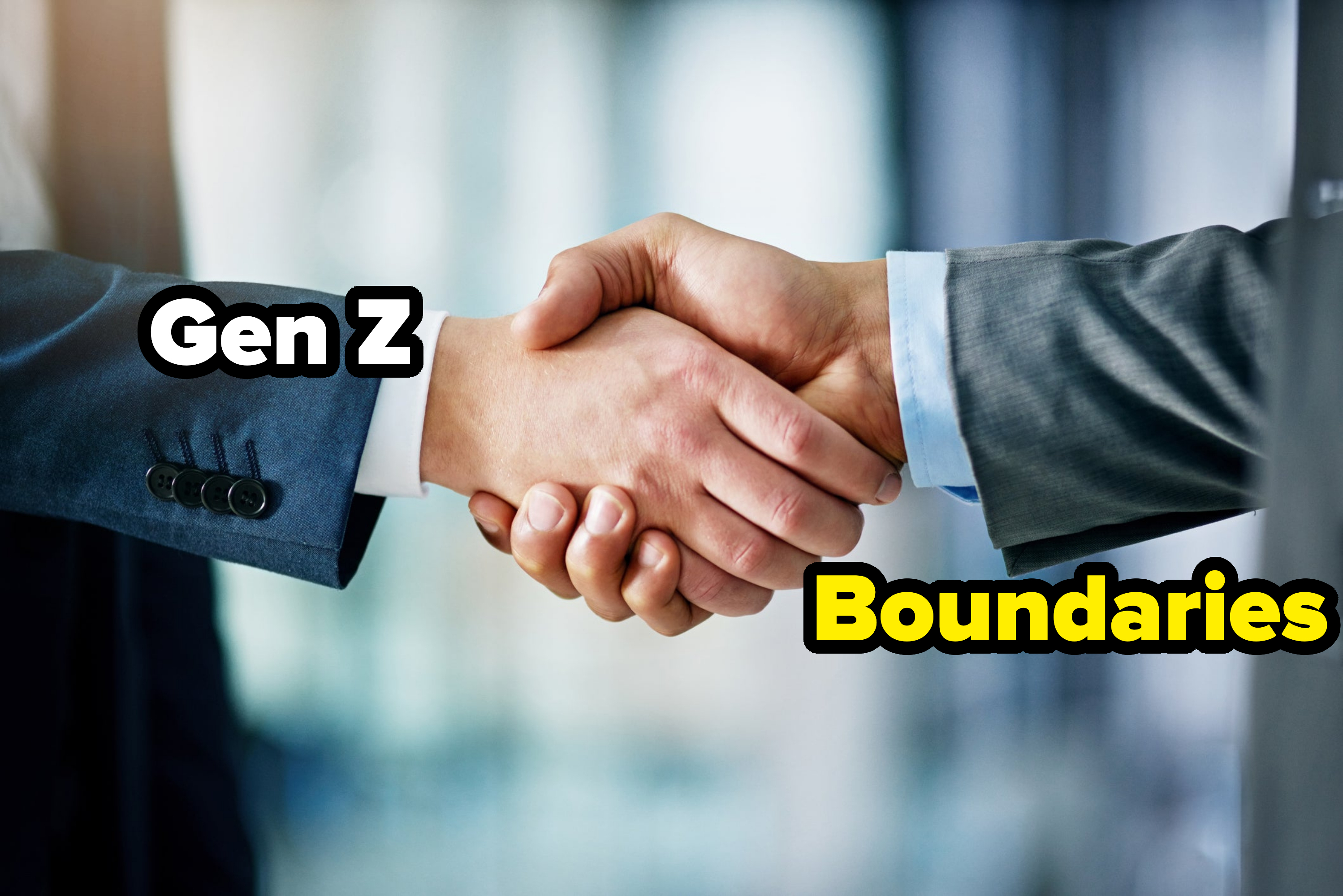 Closeup shot of two businessmen shaking hands in an office compared to Gen Z shaking hands with Boundaries