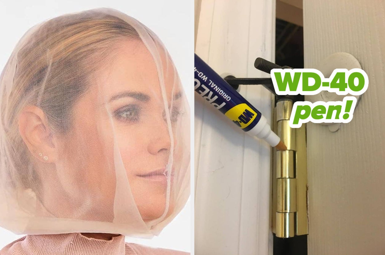 L: model wearing mesh makeup-protecting hood R: WD-40 pen