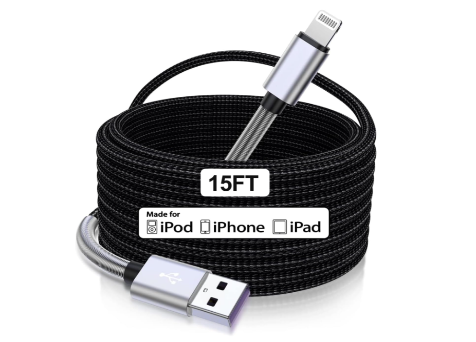 A coiled 15-foot iPhone/iPad charger
