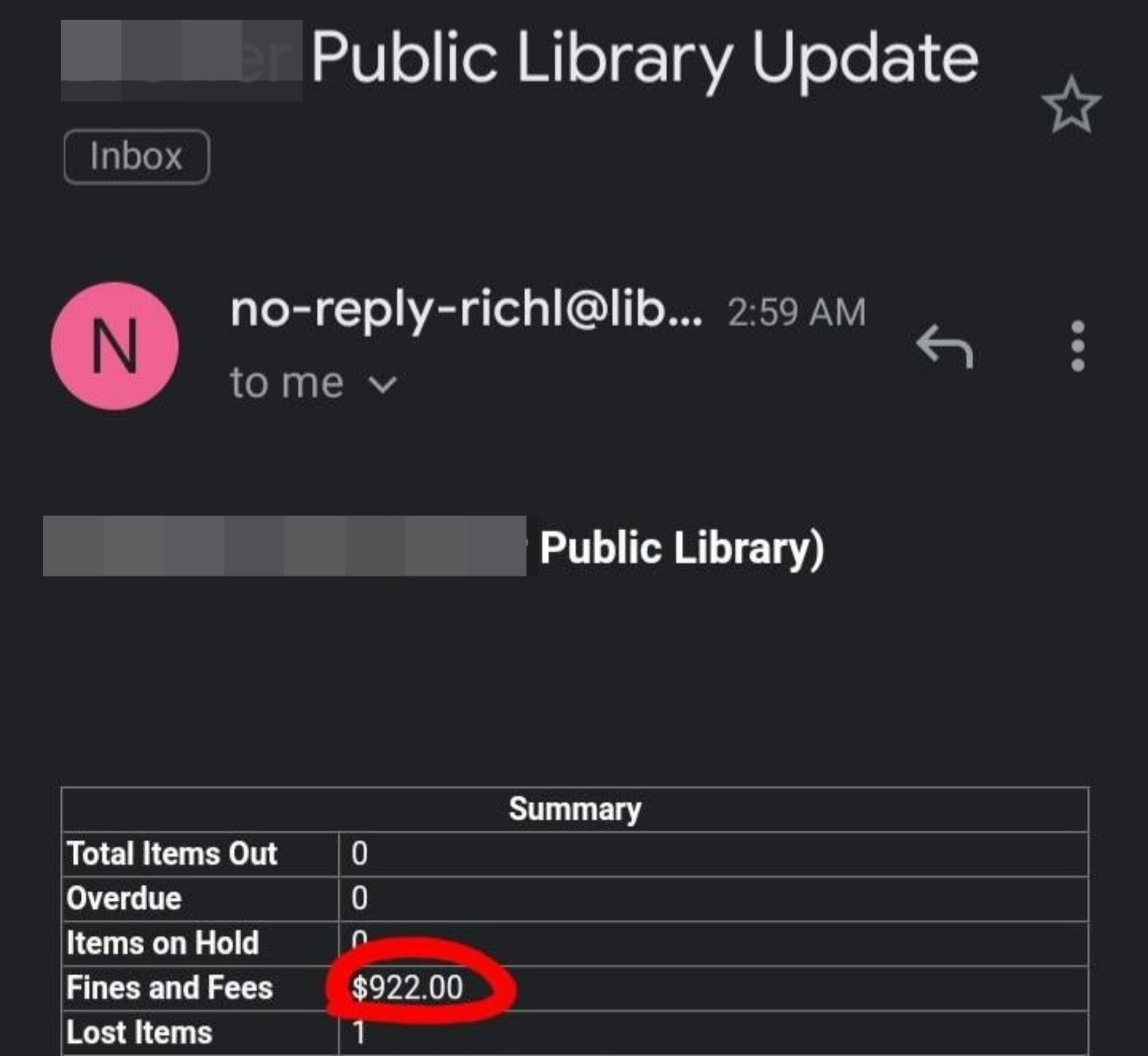 &quot;Public Library Update&quot; shows fines and fees of $922
