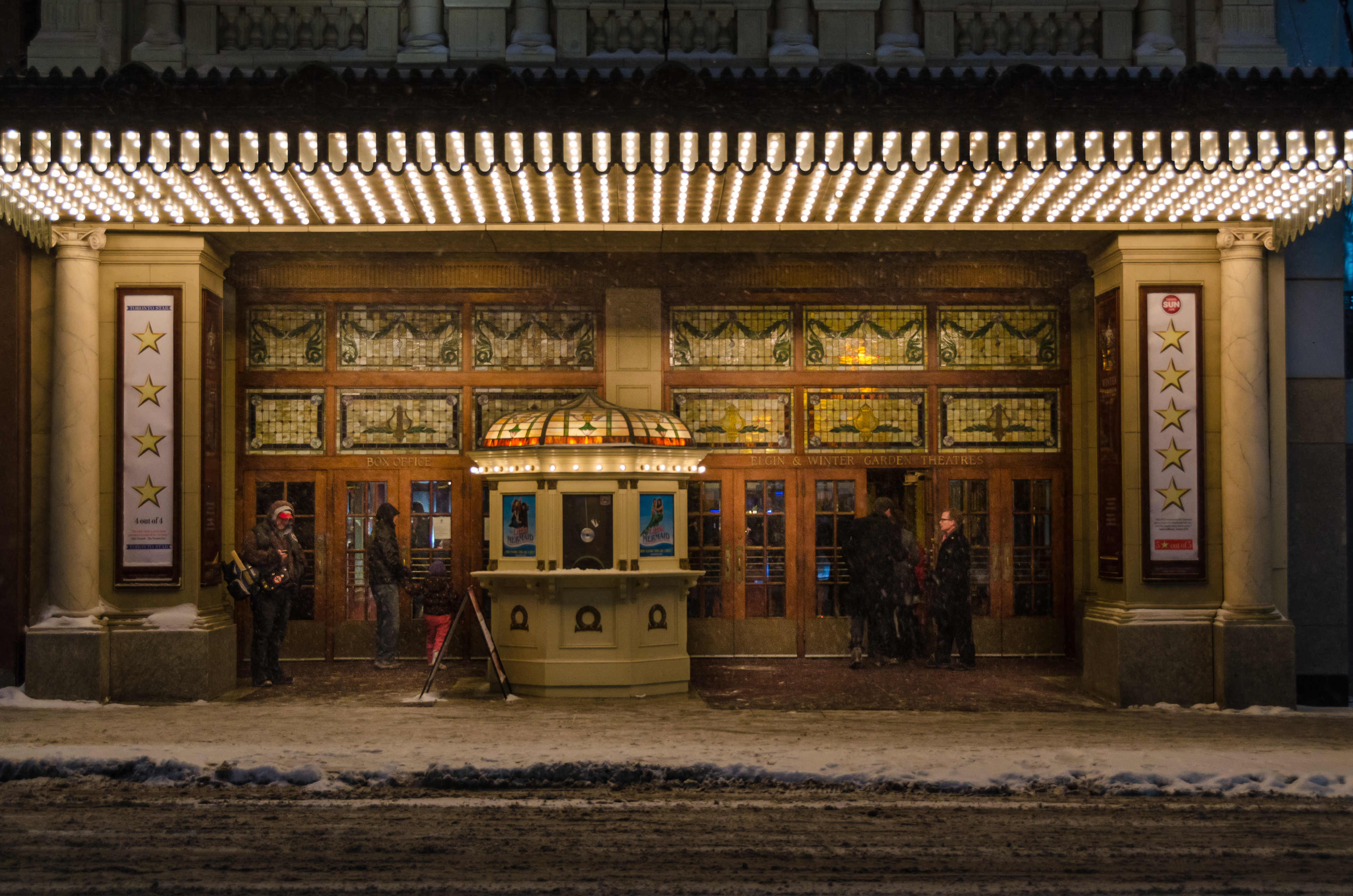 Exterior of Elgin theatre in the winter.