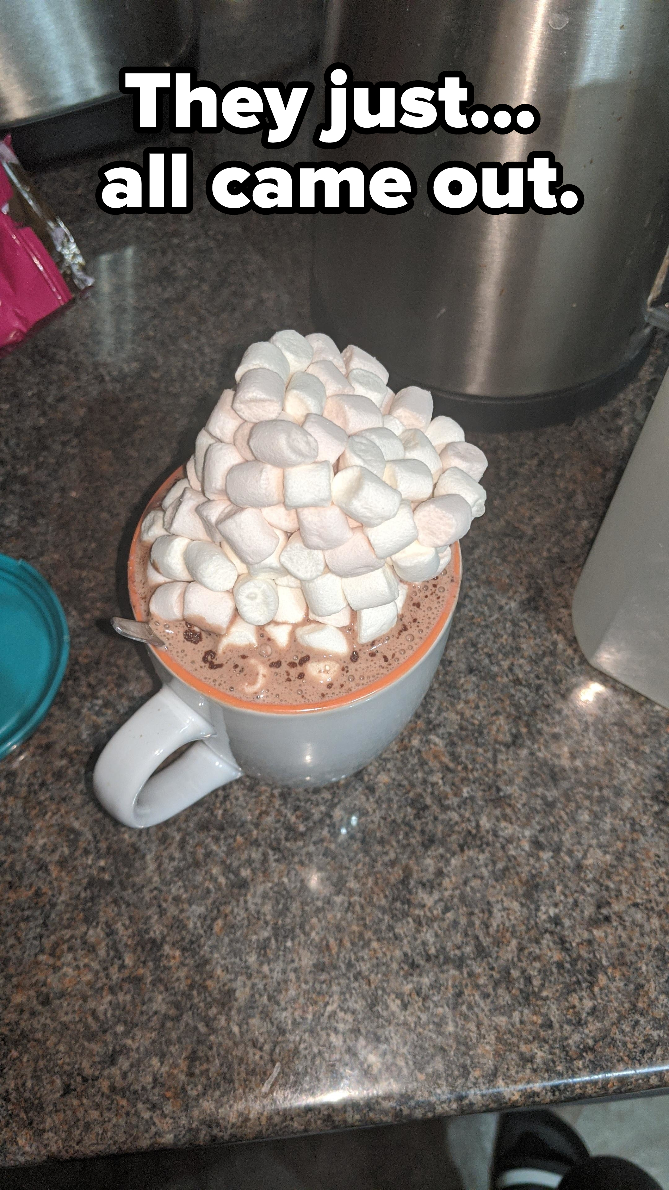 A small mug of cocoa with a mountain of mini marshmallows and the caption, &quot;They just all came out&quot;