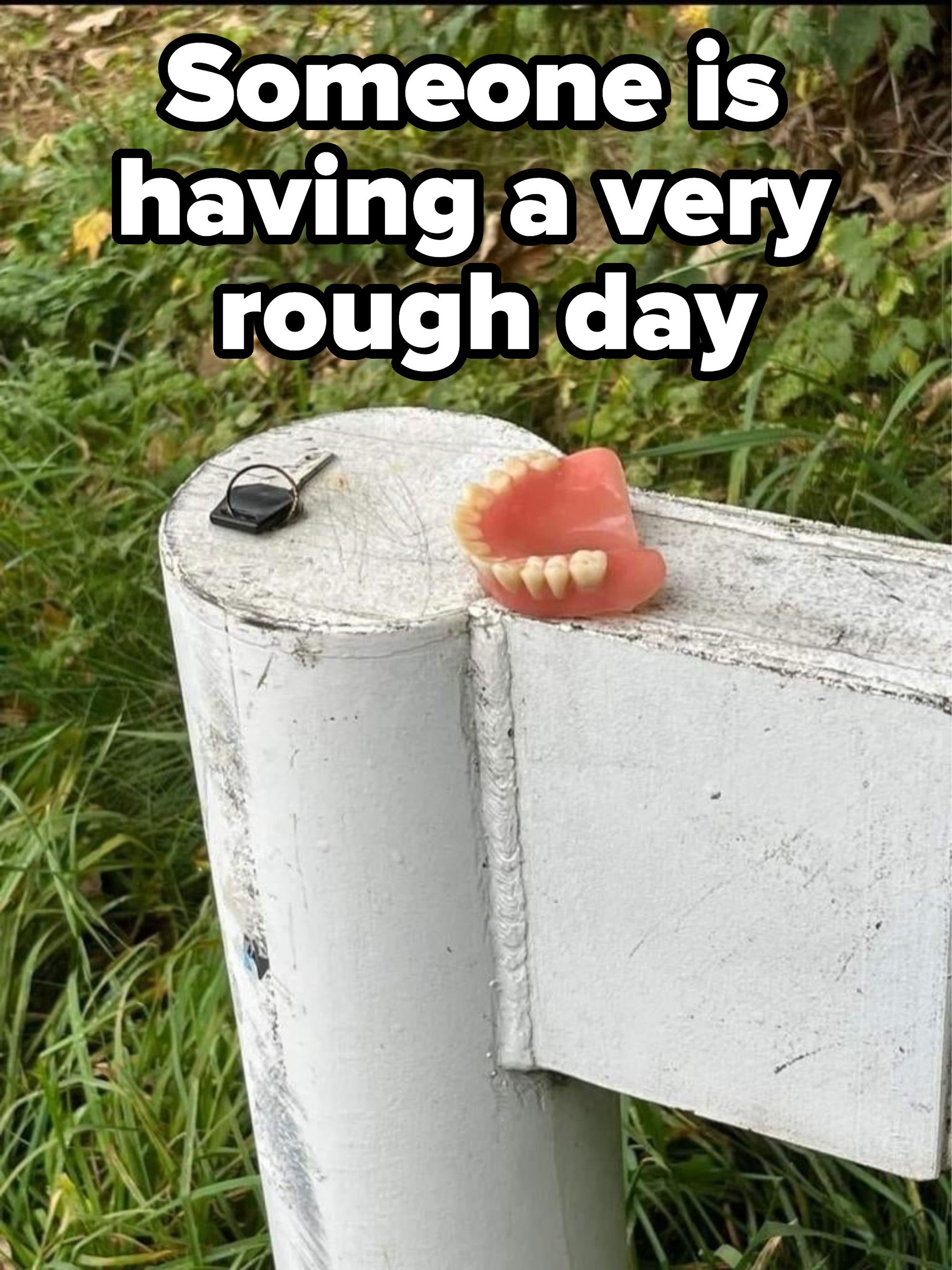 &quot;Someone is having a very rough day,&quot; with a set of false teeth and a car key on a pole in the grass